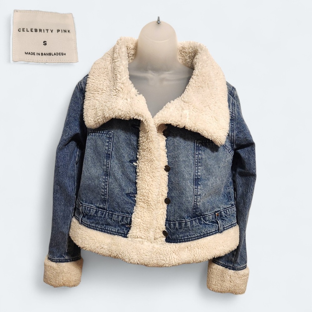 Women's Celebrity Pink S Blue Faux Sherpa Shearling Trim Denim Trucker Jacket